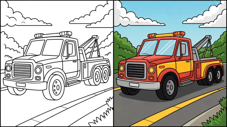 Tow truck coloring page featuring a two-panel image of a tow truck