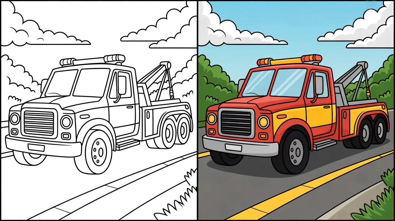 Tow truck coloring page featuring a two-panel image of a tow truck