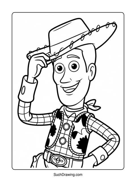 Line art of woody from toy story tipping his hat and smiling
