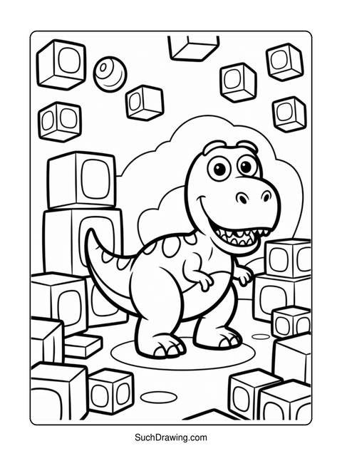 A cartoon dinosaur smiling, surrounded by blocks and a ball, ready to color