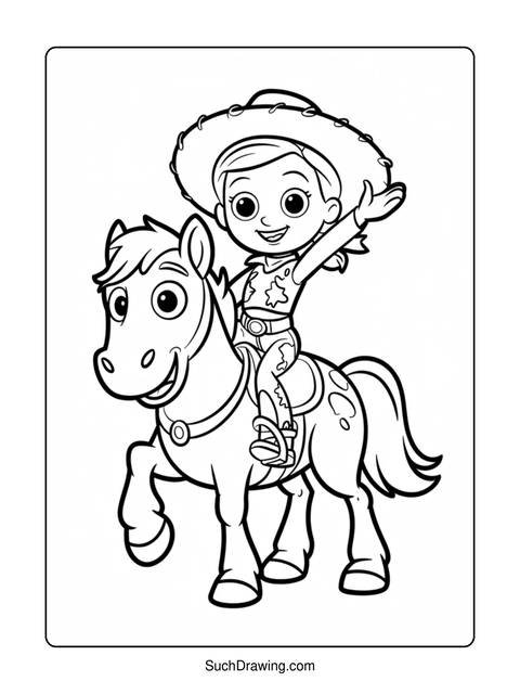 A coloring page of a cowgirl riding a horse, smiling and waving