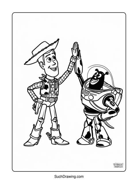 Black and white coloring page of woody and buzz lightyear giving a high five