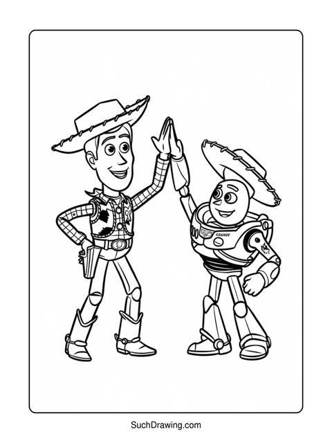 Black and white coloring page of woody and buzz lightyear high-fiving