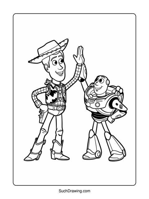 Black and white coloring page of woody and buzz lightyear high-fiving