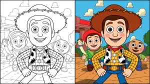 Toy story coloring page featuring woody and friends, ready to be colored