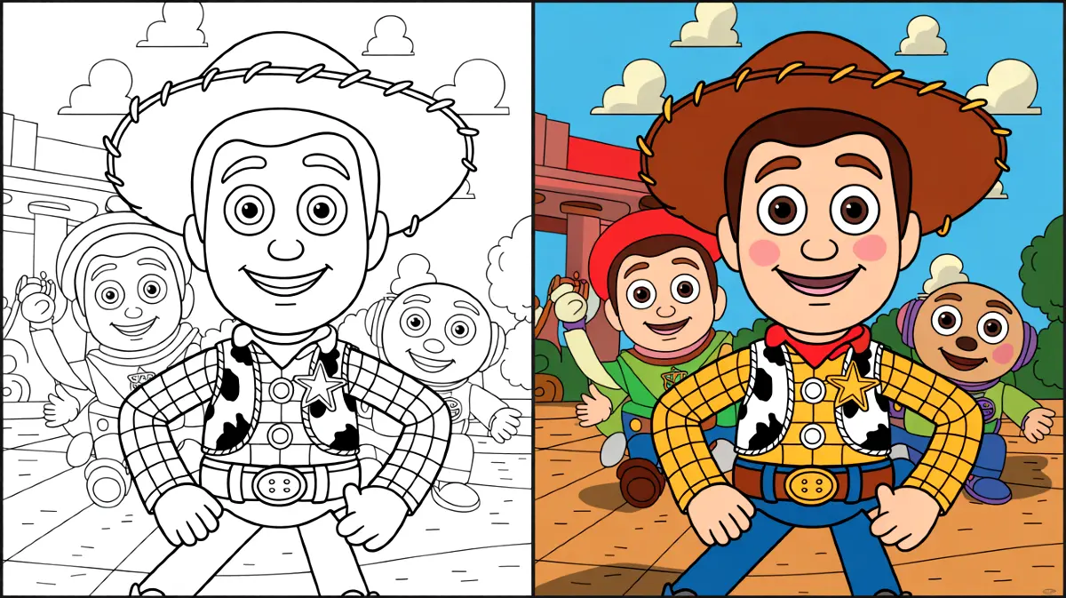 Toy story coloring page featuring woody and friends, ready to be colored