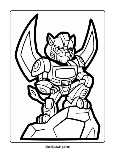 Line art of a robot-like creature with large wings, sitting on a rock
