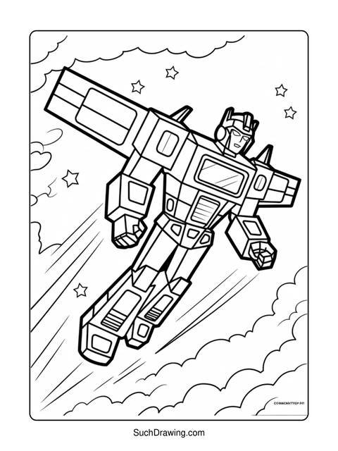 Black and white coloring page of a robot transformer in flight