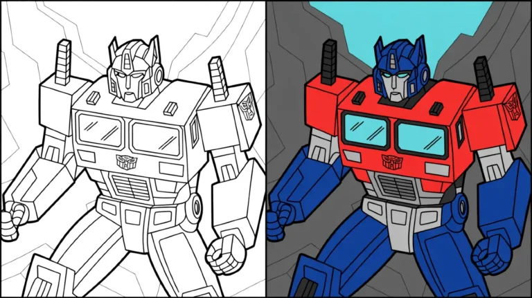 Two optimus prime transformers images, one colored and one a coloring page