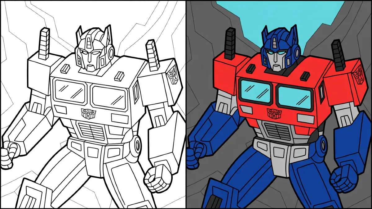 Two optimus prime transformers images, one colored and one a coloring page