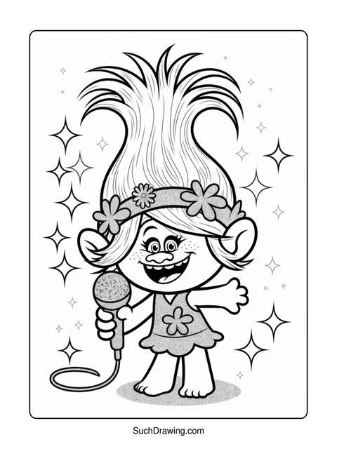 Black and white coloring page of a troll with a microphone and stars