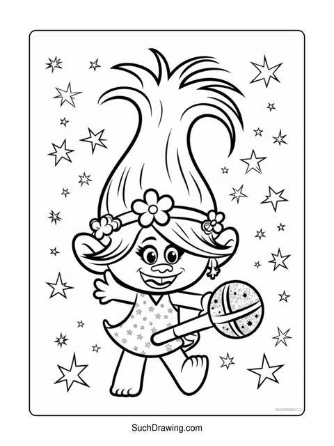Black and white coloring page of a troll character holding a microphone
