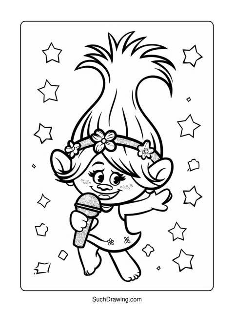 A coloring page of a troll character holding a microphone and surrounded by stars