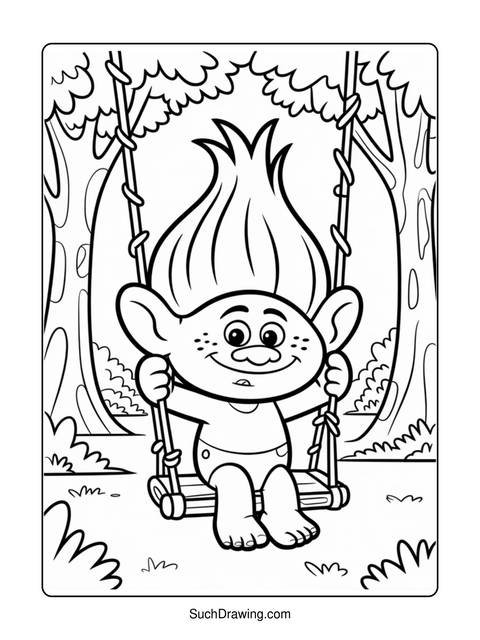 A troll character on a swing set in a forest coloring page
