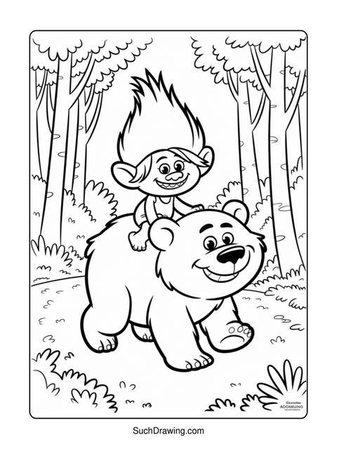 Black and white image of a troll riding a bear in a forest