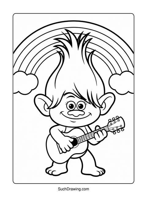 A troll character with spiky hair playing a guitar under a rainbow