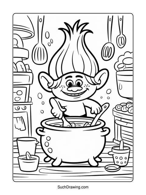 A troll character stirring a pot in a kitchen coloring page