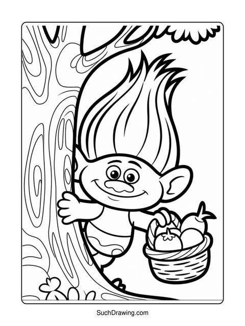 Black and white coloring page of a troll holding a basket of fruit