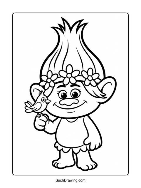 A coloring page of a troll holding a bird with a flower crown