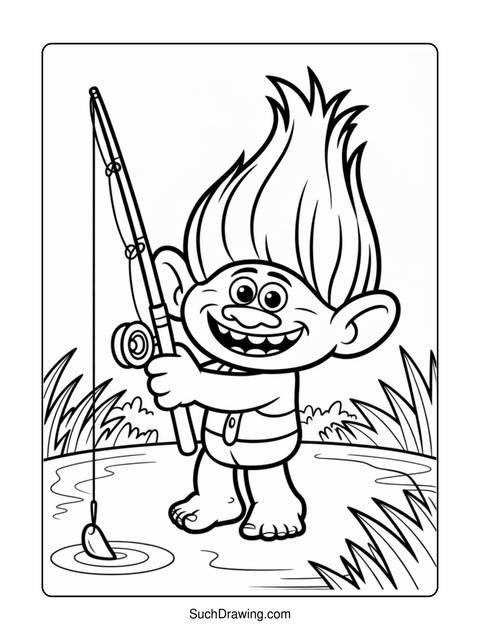 A troll character fishing in a pond, holding a fishing rod