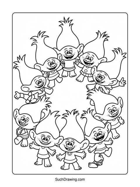 Black and white coloring page of several trolls in a circle formation