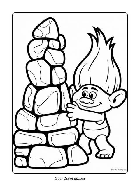 A black and white coloring page of a troll hugging a stack of rocks