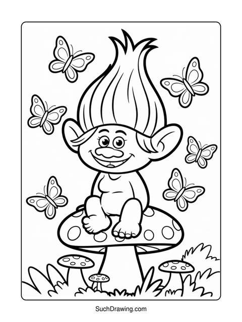 A coloring page of a troll character sitting on a mushroom with butterflies
