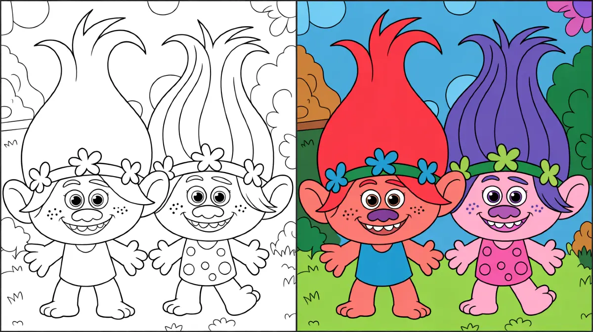 Trolls coloring page featuring two characters, one colored and one outlined