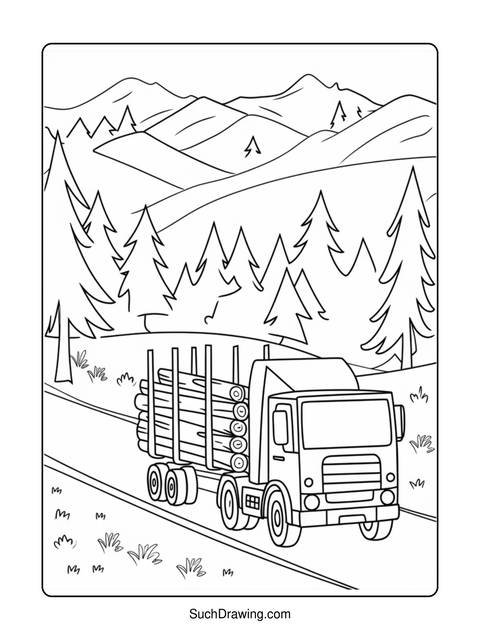 Line drawing of a logging truck carrying logs on a road in the mountains