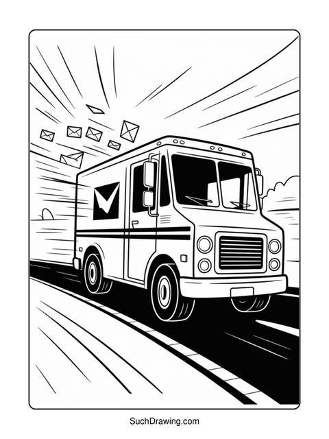 Black and white illustration of a mail truck speeding down a road
