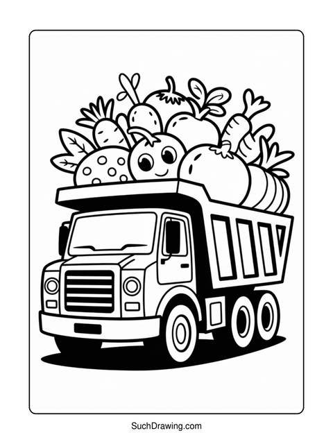 Black and white coloring page of a truck filled with various vegetables