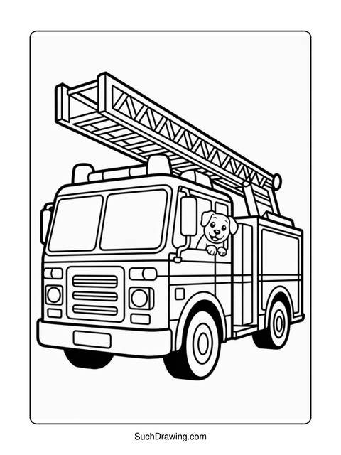 A coloring page of a fire truck with a ladder and a dog