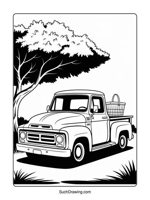 Black and white drawing of a vintage truck parked under a tree