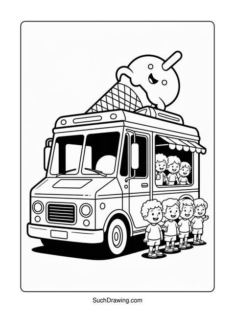Black and white illustration of an ice cream truck with children waiting