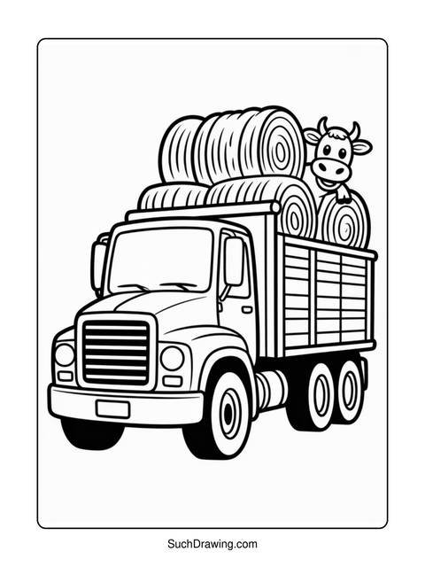 Line drawing of a truck carrying hay bales and a cow