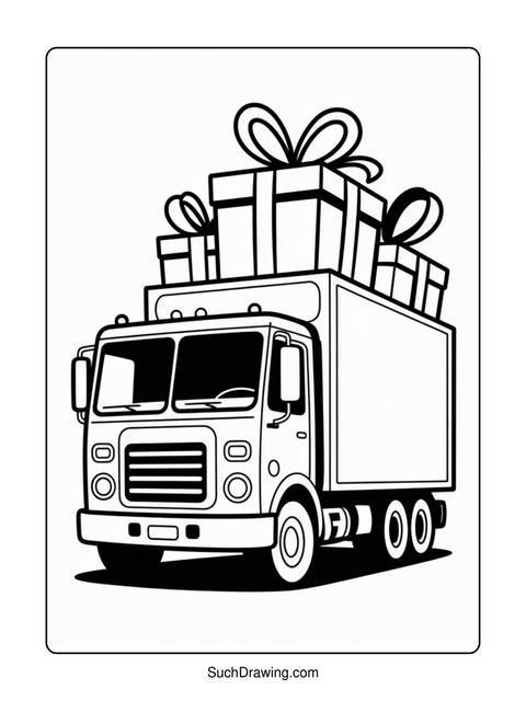 Line art of a truck carrying a load of wrapped gift boxes