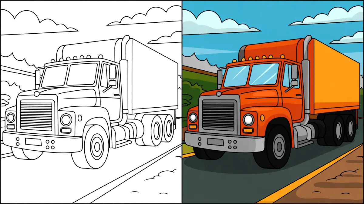 Truck coloring page with a semi-truck, showing both colored and uncolored versions
