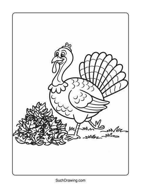 A black and white drawing of a turkey with a fan tail and leaves