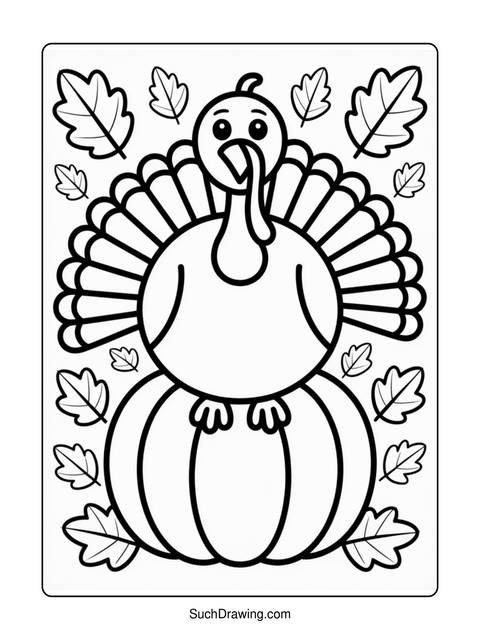 Black and white illustration of a turkey on top of a pumpkin, surrounded by leaves