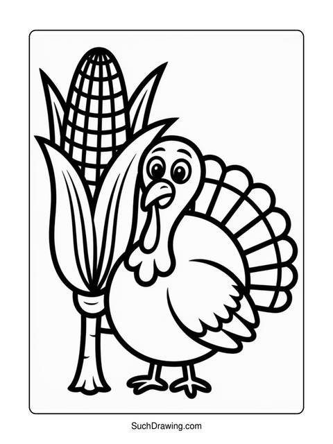 Black and white coloring page of a turkey and corn on the cob
