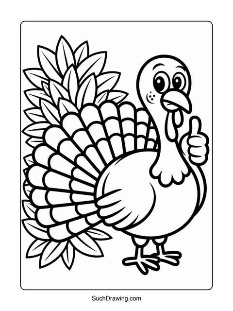 A cartoon turkey with a large tail and giving a thumbs up