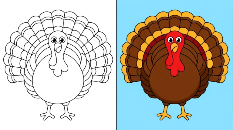 Turkey coloring pages featuring a cartoon turkey with a large, detailed tail