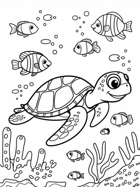 Cartoon turtle swimming with fish in an underwater scene, a coloring page
