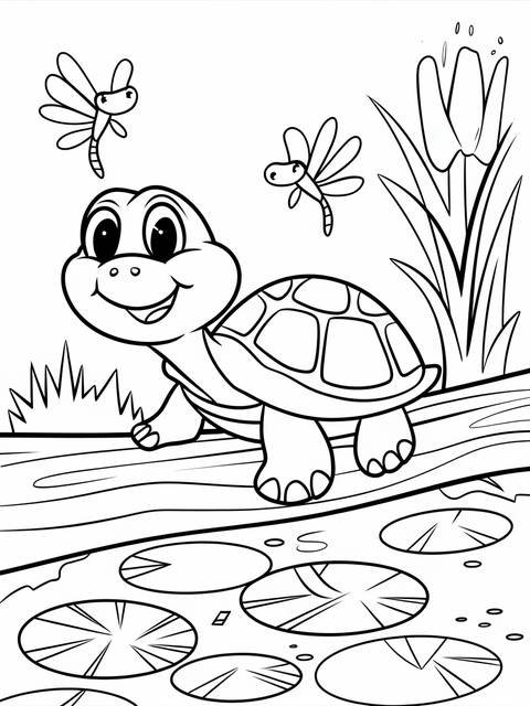 Cheerful turtle sitting on a log, surrounded by dragonflies and lily pads
