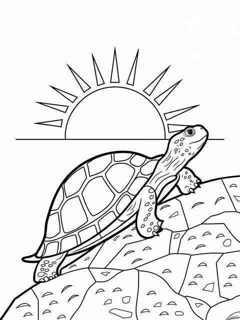 A turtle climbing over a rocky landscape with a sun in the background