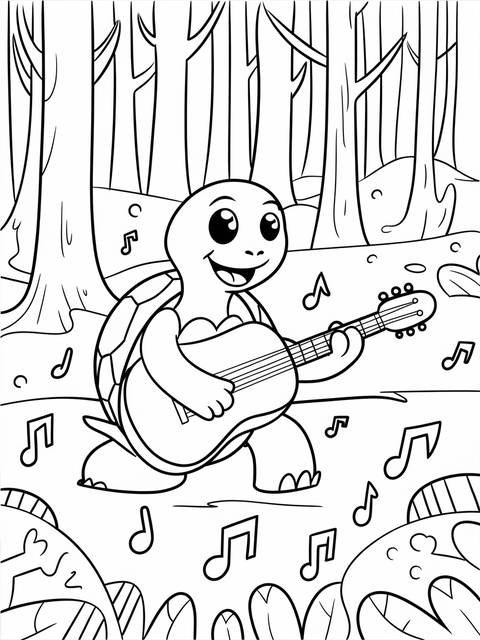 A turtle playing a guitar, surrounded by musical notes, in a forest setting