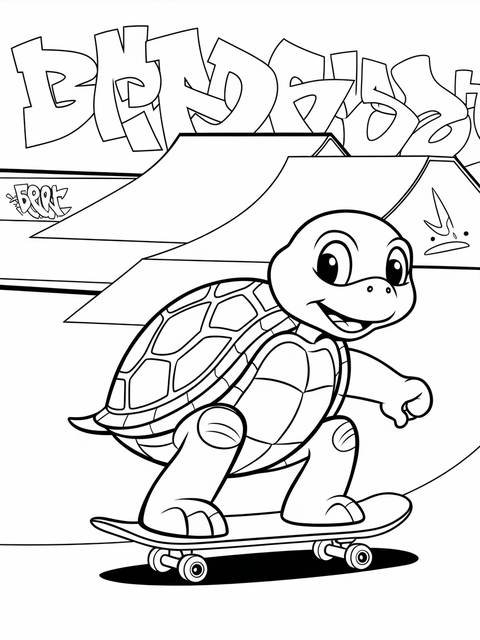 A turtle riding a skateboard, a cover image, ready for coloring