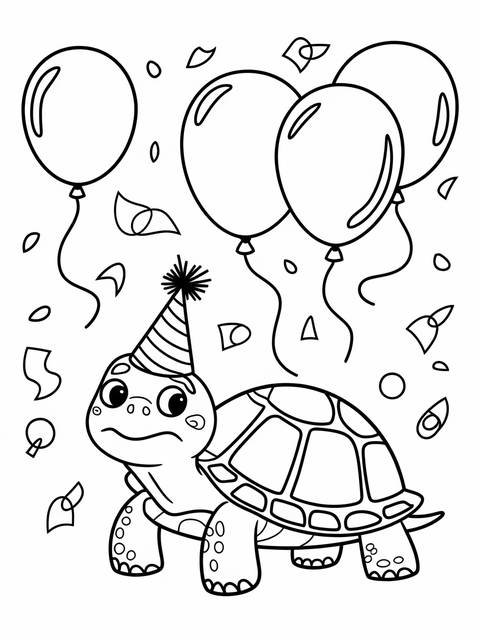 Whimsical turtle wearing a party hat with balloons, a coloring page