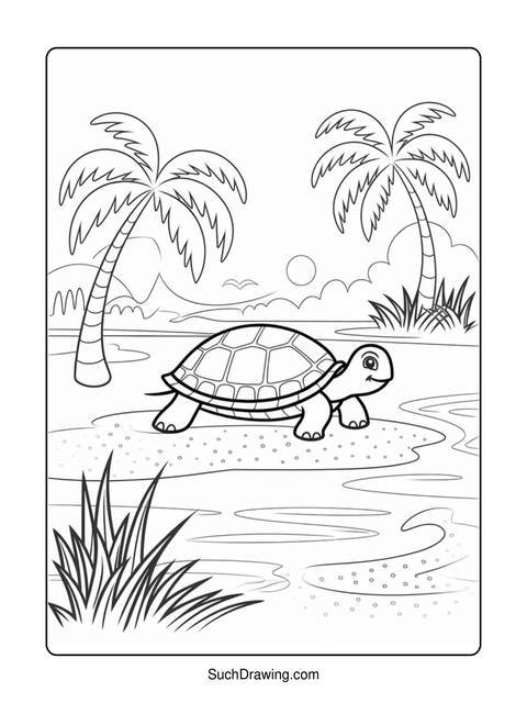 Black and white coloring page of a turtle walking on a sandy beach