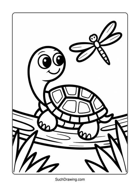 Black and white coloring page of a turtle and a dragonfly